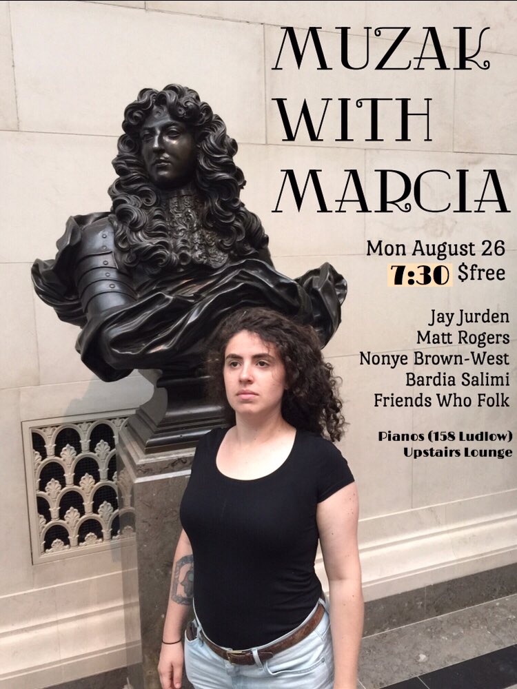 Join me for my new monthly-ish show “Muzak with Marcia”!

Monday Aug 26th 
7pm doors/ 730 show
Upstairs lounge at <a href="/PianosNYC/">PIANOS</a> 
$free

First month with: <a href="/MattRogersTho/">Nick</a> <a href="/JayJurden/">Juicy Jay Jurden - DC Improv 5/29-6/1</a> <a href="/BardiaSalimi1/">Bardia Salimi</a> Nonye Brown-West &amp; Friends Who Folk 😍

eventbrite.com/e/muzak-with-m…

See you there 🎶