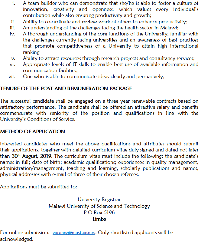 Check the attached vacancy for Manager for Quality Enhancement, Research and Training at MUST