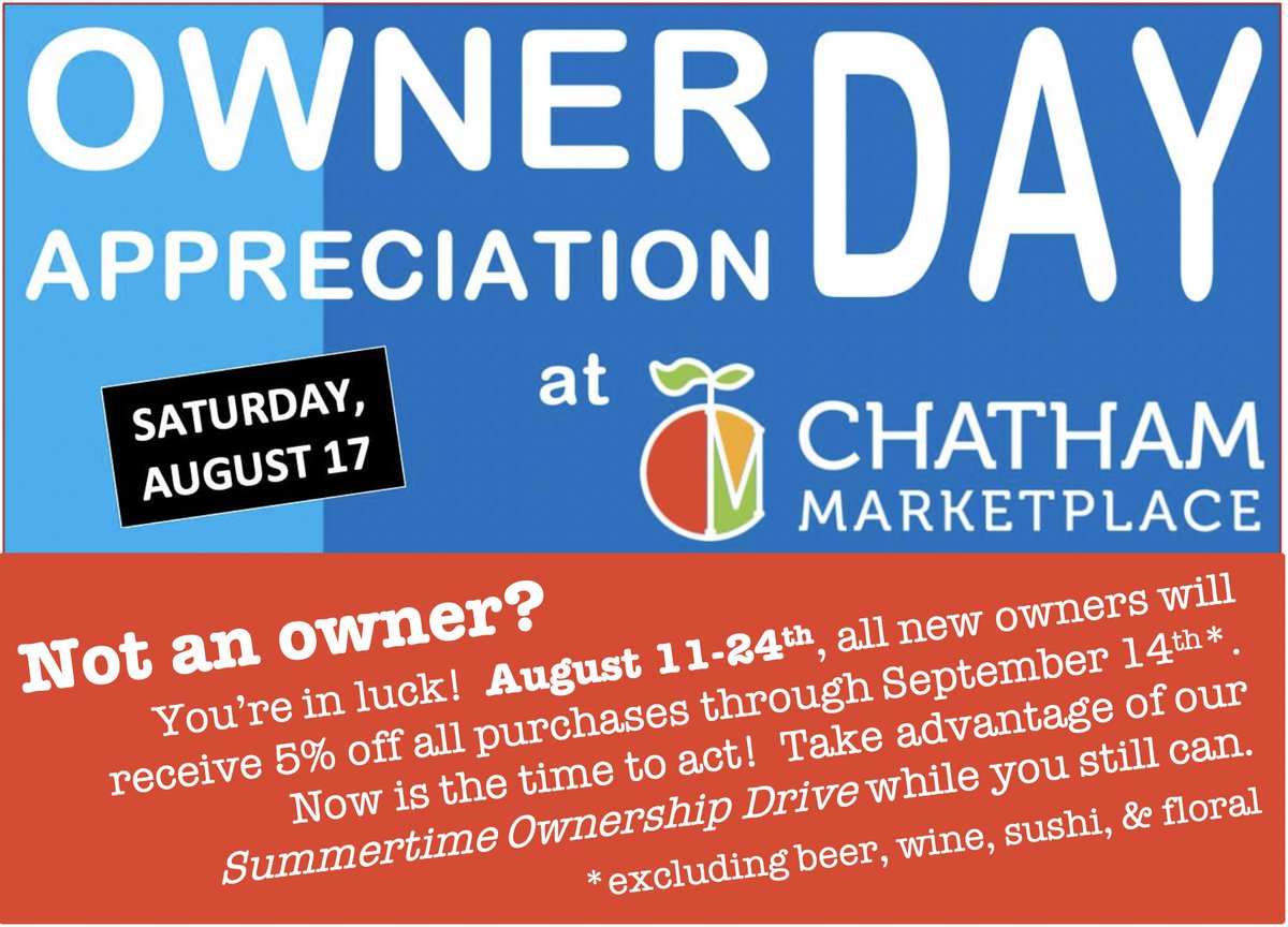 Chatham Marketplace (@chathammarket) on Twitter photo Welcome to our Summertime Ownership Drive! If you've been considering becoming a Member/Owner here at <a href="/chathammarket/">Chatham Marketplace</a>, your procrastination has finally paid off! Do it by this Saturday and you'll also be eligible for a storewide Owner-exclusive 10% discount. Don't delay! Welcome to our Summertime Ownership Drive! If you've been considering becoming a Member/Owner here at <a href="/chathammarket/">Chatham Marketplace</a>, your procrastination has finally paid off! Do it by this Saturday and you'll also be eligible for a storewide Owner-exclusive 10% discount. Don't delay!