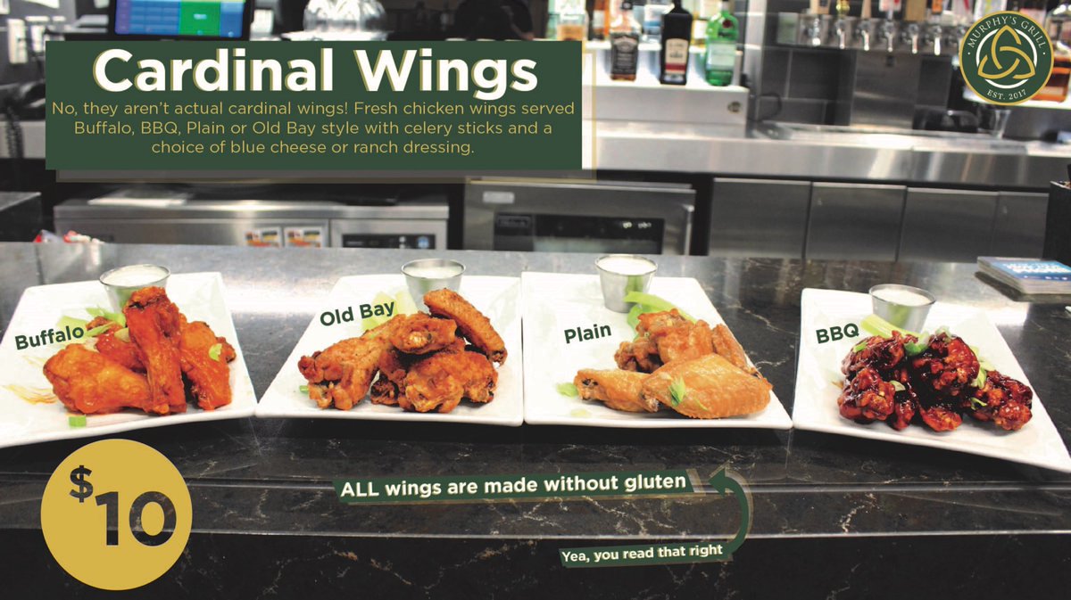 Catholicdining's tweet photo. Prepare for the #murphysgrill NEW and IMPROVED Cardinal Wings! Now can be made without gluten... you read that right! #chickenwings https://t.co/GZyvjZ3tHC