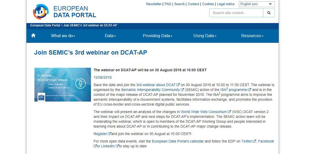 OpenDataAnd's tweet image. El 30 de agosto tendrá lugar un nuevo #webinar sobre la especificación #DCATAP organizado por #SEMIC. Más información en @EU_DataPortal ➡️ bit.ly/2KEzTMo