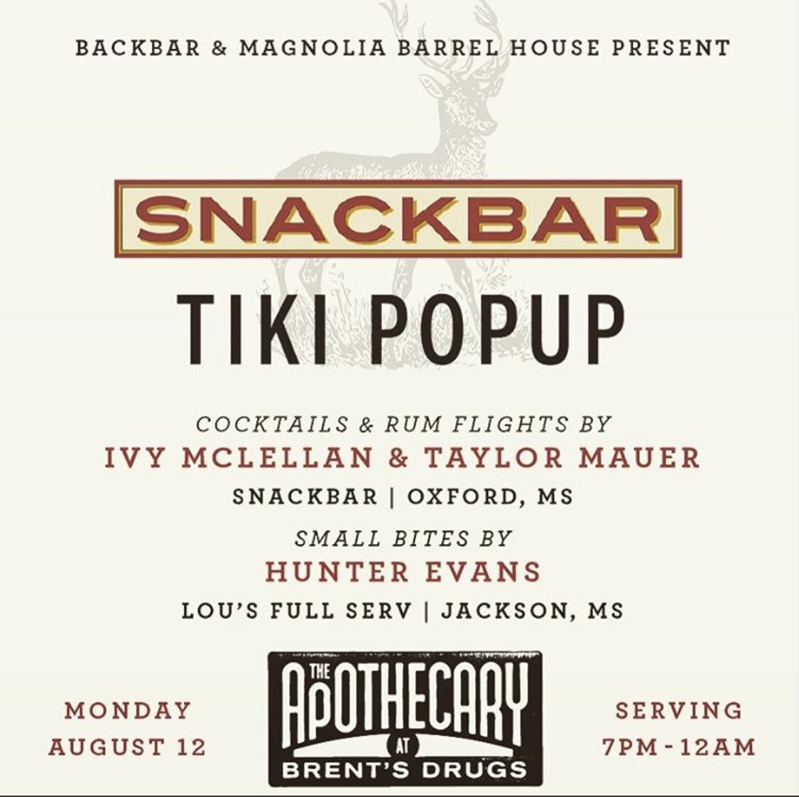 Tonight's the night! Come join us for our Tiki Popup with <a href="/snackbaroxford/">Snackbar</a> bartenders Ivy &amp; Taylor whipping up cocktails &amp; rum flights and <a href="/hunter_eva/">多多</a> of <a href="/lousfullserv/">Lou's Full-Serv</a> serving up small bites!
Presented by @magnoliabarrel