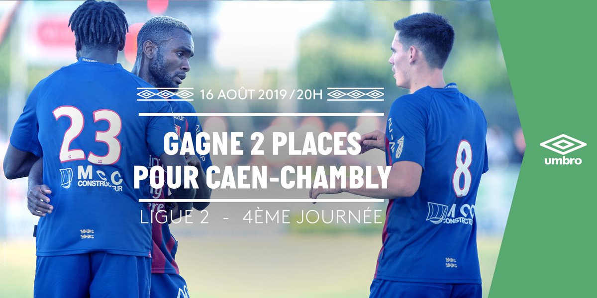 🏟 GAGNE TES PLACES ⚽️

⚽️ Ce vendredi, le <a href="/SMCaen/">Stade Malherbe Caen</a> affronte <a href="/FCCOISE/">FC Chambly Oise ⚽️</a> à d'Ornano pour un #DerbyUmbro !

RT &amp; Follow <a href="/UmbroFrance/">Umbro France</a> pour tenter de gagner 2 places pour le match !
 
→ Tirage au sort le 14/08 à 12h (3 x 2 places à gagner)🍀

Règlement : bit.ly/Règlement-Conc…