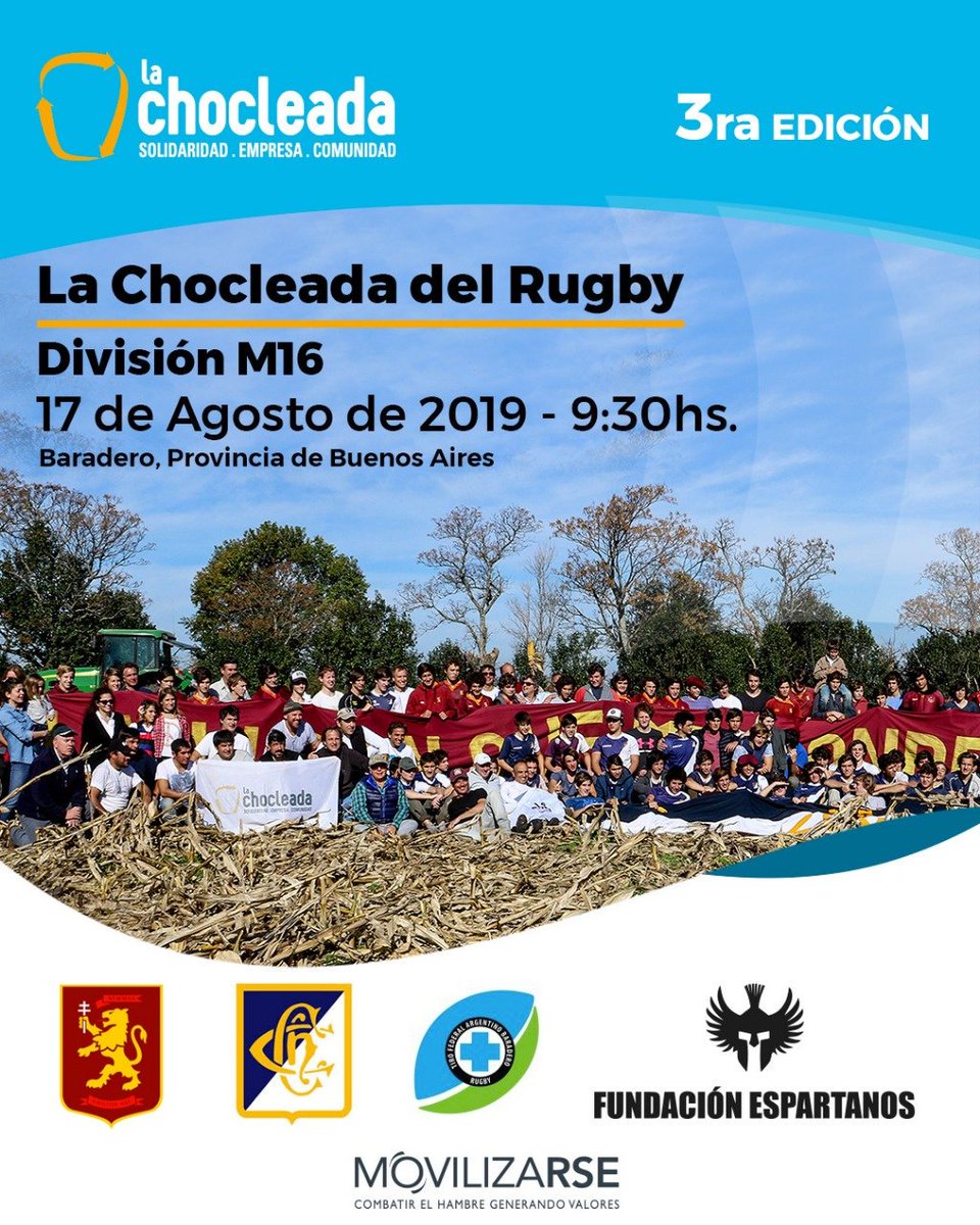 #ChampaSolidario El 17 de agosto se llevará a cabo la 3ra edición de la #ChocleadadelRugby en Baradero. Participarán jugadores de M16 del Tiro Federal Baradero , <a href="/ClubNewman/">Club Newman</a> , <a href="/EspartanosRugby/">Fundación Espartanos</a>  y Club Champagnat. Cosecharán manual choclos en 1 hectárea. <a href="/LaCHOCLEADA/">LA CHOCLEADA</a>