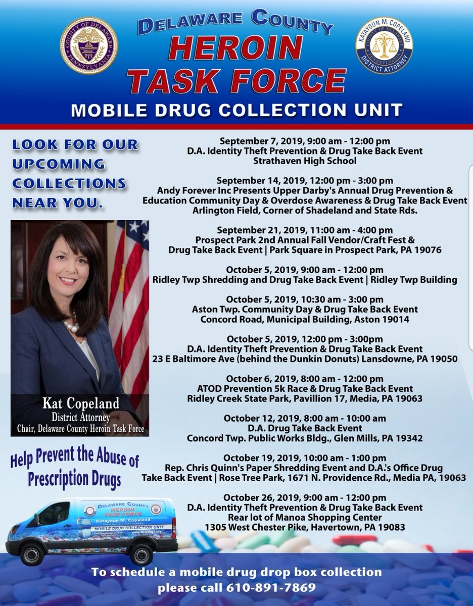 DA Kat Copeland, Chair of the #DelcoHTF hosts mobile drug collection during September and October events. Safely dispose of your #unused &amp; #expired #Rxdrugs. #delcoda <a href="/NetherProvPD/">Nether Providence PD</a> <a href="/_CGRC/">Child Guidance RC</a> <a href="/AstonPD/">Aston Township Police Department</a> <a href="/ConcordTwpPA/">Concord Township</a> @RepChrisQuinn <a href="/ridleytwp/">Ridley Township Commissioners</a> <a href="/LansdownePolice/">Lansdowne Police</a> <a href="/ELPoliceDept/">East Lansdowne PD</a> <a href="/HaverfordPD/">Haverford Police</a>