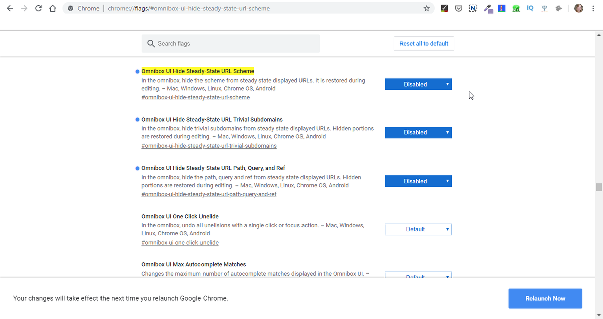paulaspeak's tweet image. If you are hating the new lack of HTTP/S in the latest version of Chrome, there's a fix. Visit chrome://flags/#omnibox-ui-hide-steady-state-url-scheme and mark it disabled, relaunch Chrome, and you've got it.
(h/t awesome staff at @BruceClayInc )