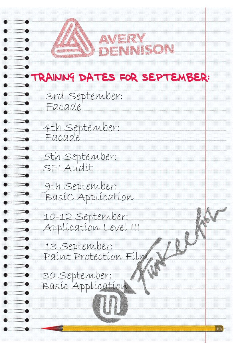 FunkeeFish's tweet photo. Avery training dates for September @ADgraphics_EU #wraptraining #ppftraining #colourchange #training #audit #facade https://t.co/YSaurLsb60