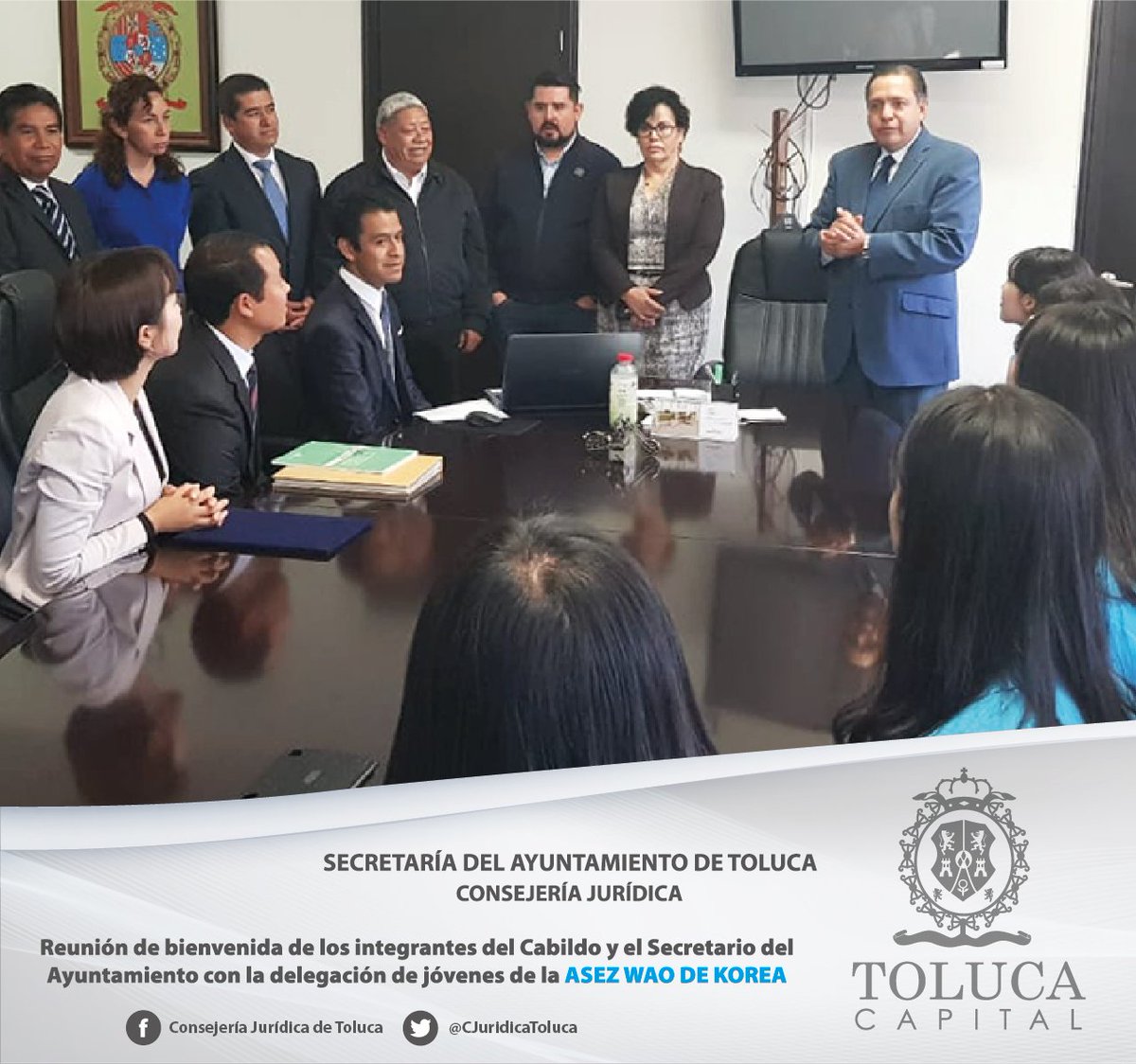 CJuridicaToluca's tweet photo. A nombre del Ayuntamiento de #TolucaCapital, y en compañía de integrantes del #Cabildo, dimos la bienvenida a jóvenes coreanos de la #ASEZWAO (en español "Somos uno,salvemos la tierra de la A a la Z") quienes realizarán trabajo social en nuestro municipio. #JuntosEsPosible https://t.co/oBSNH4y0QL