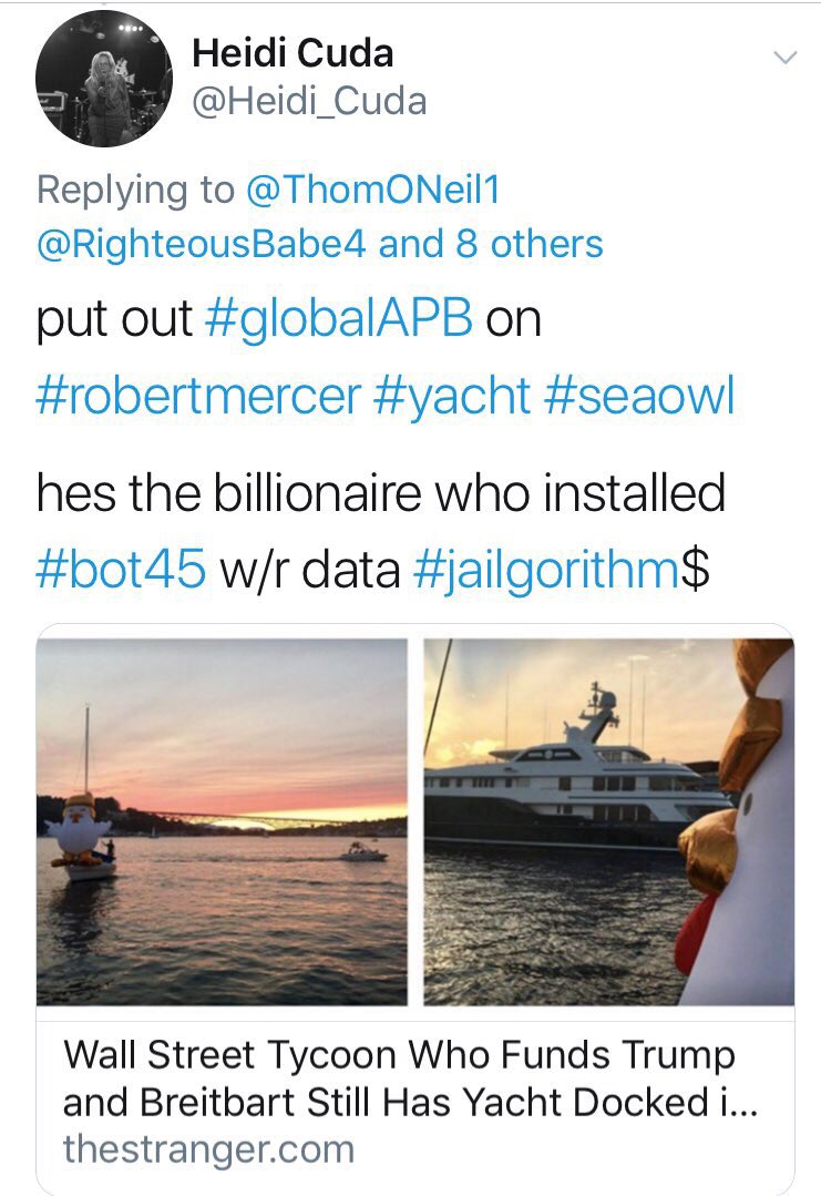 54/ APB: Two days after I put out an APB on Mercer’s yacht in Seattle in 2017, he announced he was stepping down as co-CEO of Renaissance Technologies and handing Breitbart over to the kids. He remains at RenTech, which bot into Russian telecom. See #49. https://www.thestranger.com/slog/2017/09/05/25393336/wall-street-tycoon-who-funds-trump-and-breitbart-still-has-yacht-docked-in-seattle-kayaktivists-to-protest-tonight