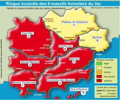 Carte risque #incendie #Var #forêt
Prévisions pour le 13 août 2019 
- TRES SEVERE sur les massifs : 
#Mts_toulonnais, #Sainte_Baume, #Corniche_Maures, #Maures, #Centre_Var, #Haut_Var, #iles_Hyères
Suivez les conseils de la Préfecture du Var sur le site bit.ly/1dbAsdD