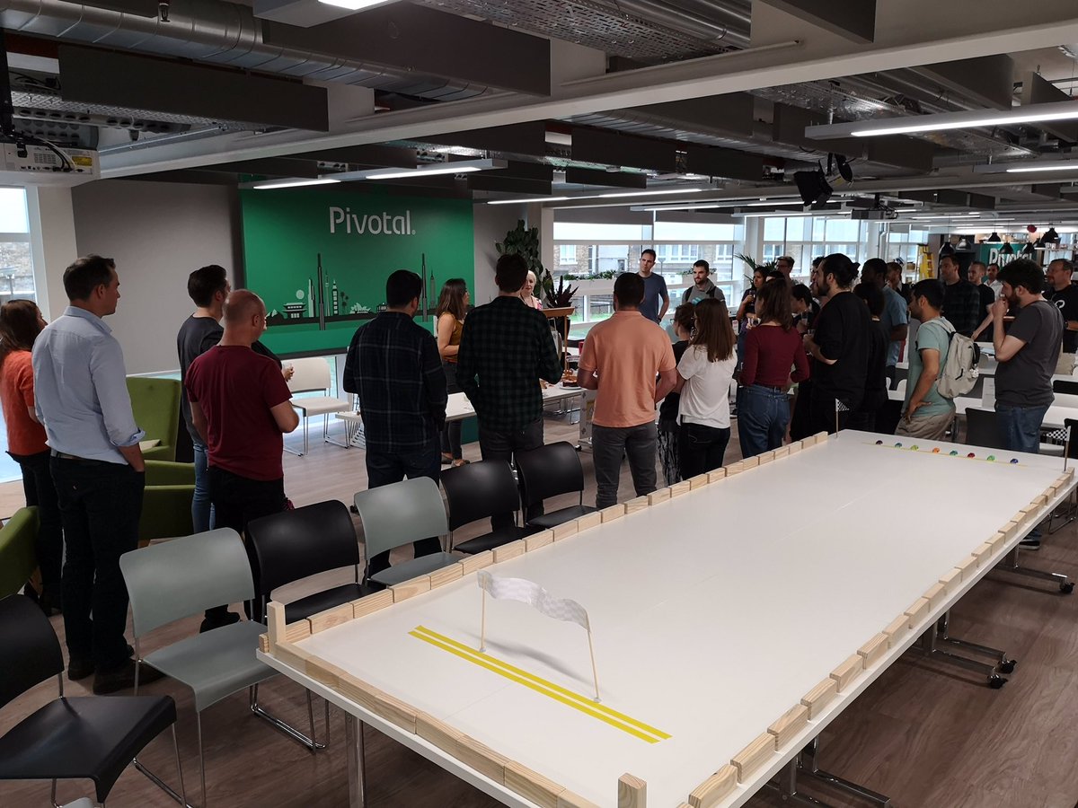 laurenvolpi's tweet photo. Toasting champagne and racing fast toy cars in honor of @pivotal being named to @FastCompany 50 best workplaces for innovation. https://t.co/HzjODw6ND6