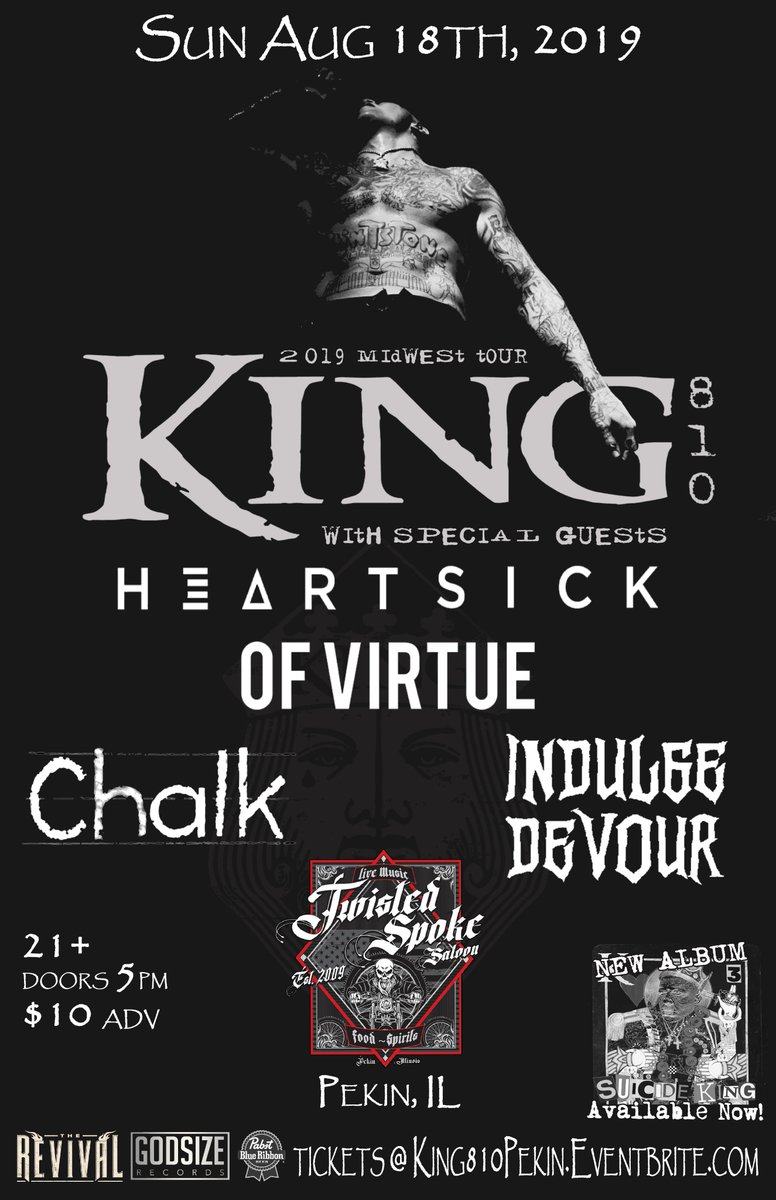 RevivalistParty's tweet photo. NEXT WEEK @KING810FLINT w/ @heartsickband on tour
SUN 8.18 - @OFVIRTUE | Pekin IL wsg CHALK &amp; Indulge, Devour
WED 8.21 - Rockford, IL wsg @SoCalledSaints &amp; RelliK
FRI 8.23 - Lombard, IL wsg @KhaosOrdinance &amp; @Reckless_815
dont miss is out on a rockin week!
#Revivalist
#king810 https://t.co/wuK4mE1pH8
