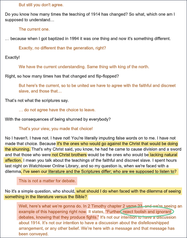 lori_dicola's tweet photo. This is my favorite part. Ali has asked what to do if the Watchtower literature directly opposes what is said in the bible. Their answer? Reject foolish and ignorant debates.
Her question seems neither foolish nor ignorant #ExJW #AlisBigTOE #NotAJudicialHearing #YouTubeTranscript https://t.co/rMJDAVgWkn