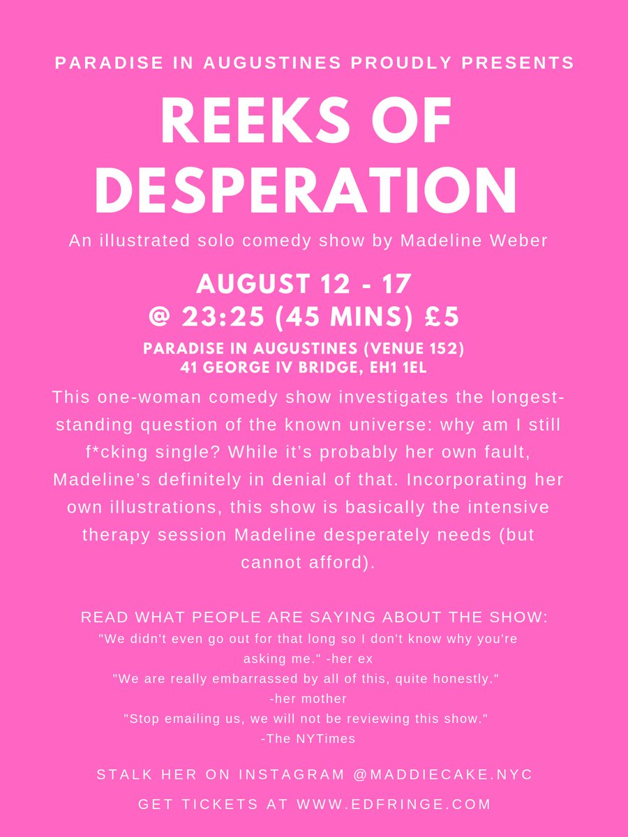 mads_nyc's tweet photo. FREE TIX ALL WEEK LONG just admit to the box office you're single af and/or lonely af! (If you are otherwise happy you gotta pay the full five pounds love) VENUE 152 23:25
this promo code is not a joke!! I am single & lonely so I am giving away free tix for those who are too!! https://t.co/xZlyHTYgxp