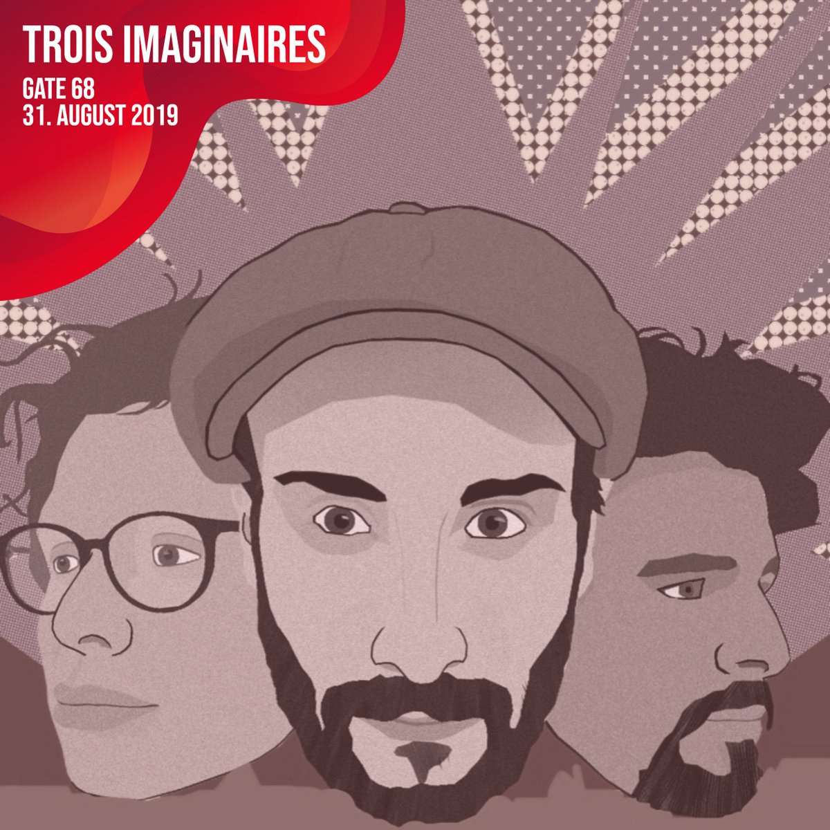 Die Musik von Trois Imaginaires ist eine Mischung von Punk Riffs und schwebenden Balladen. Ein bisschen wie wenn Kurt Kobain Louis Amstrong isst oder Frank Zappa sich mit Marilyn Monroe küsst... 

Am Samstag, 31.08.2019 im Gate 68. Yeah! 🚀🤩
