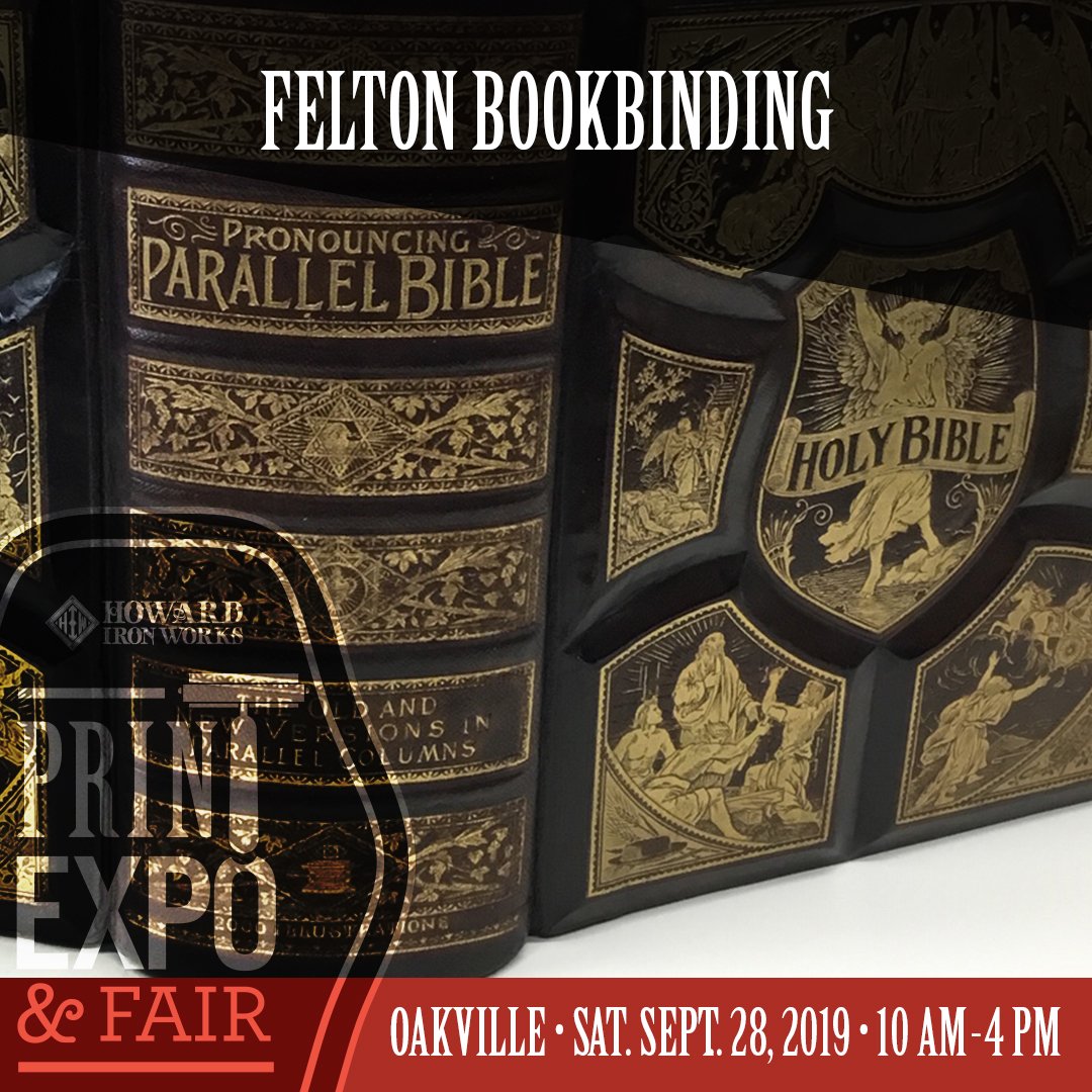 HowardIronWorks's tweet photo. Taking part in the 2nd annual Print Expo &amp; Fair at @HowardIronWorks #DoorsOpenOakville is #FeltonBookbinding. See Keith &amp; his amazingly beautiful book restoration &amp; bookbinding work on Sep 28. #bookbinding #bookrestoration #bibles #goldstamping #leatherbound #hiwprintexpoandfair https://t.co/V4gk3hDhXF