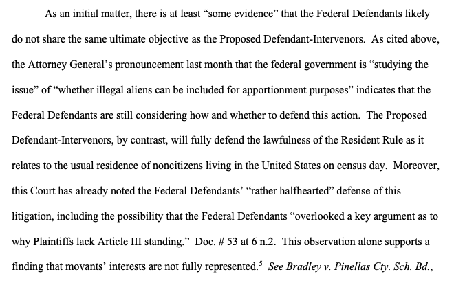 ZoeTillman's tweet photo. In Alabama, the state is suing to exclude undocumented immigrants from being counted in the 2020 census. Dem state AGs just filed a motion to intervene, arguing they have an interest in this and it's unclear if DOJ is fully committed to defending the case https://t.co/uhsViy6Nor https://t.co/VpeJsfFU4J