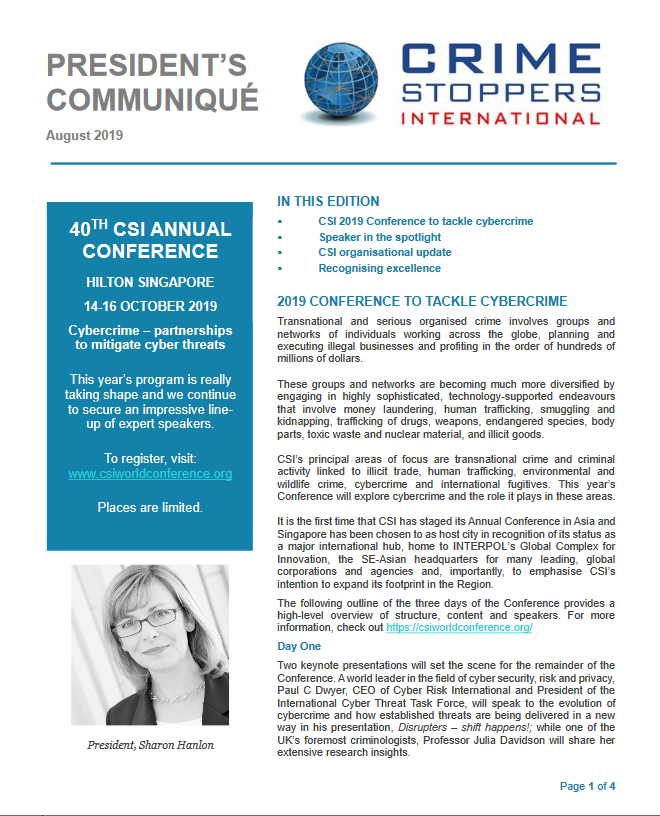 CSIWorld's tweet photo. President's Communique - August 2019

1. Tackling cybercrime - 2019 Conference 
2. Highlighting conference speaker, Paul C. Dwyer, an expert in the area of cyber security, risk and privacy 
3. Organizational update
4. Recognizing excellence

Keeping you informed,

The team at CSI https://t.co/7BpZ30LbB8