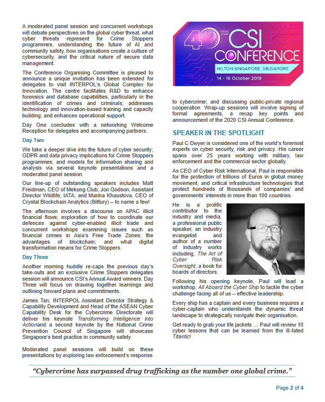 CSIWorld's tweet photo. President's Communique - August 2019

1. Tackling cybercrime - 2019 Conference 
2. Highlighting conference speaker, Paul C. Dwyer, an expert in the area of cyber security, risk and privacy 
3. Organizational update
4. Recognizing excellence

Keeping you informed,

The team at CSI https://t.co/7BpZ30LbB8