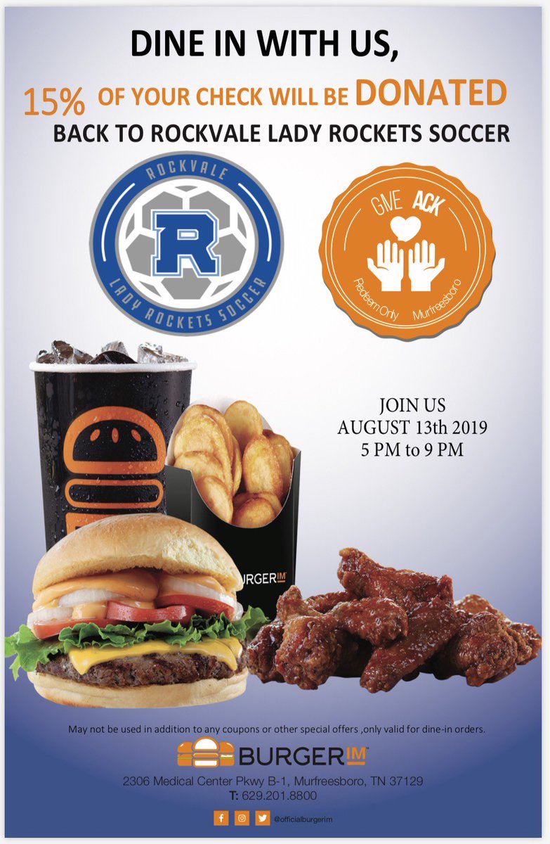 soccerjackson8's tweet photo. Please come enjoy some great food and support our Lady Rockets Soccer Team tomorrow, 8/13 from 5 to 9PM at BurgerIM!! See you all tomorrow! https://t.co/2Uxtb6zZfi
