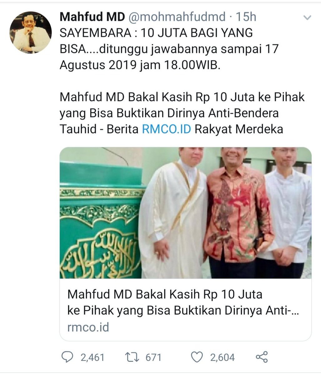 ZAEffendy's tweet photo. Sejauh ini TANTANGAN BALIK dari Prof. Suteki, @ArLex_Wu @ZupHomeez atas  sayembara @mohmahfudmd dengan total hadiah Rp.18 JUTA tidak dijawab oleh ybs. Jadi, netizen tunggu sampai 24 jam kedepan...siapa sebenarnya yang JUJUR &amp; JANTAN, BUKTIKAN TIDAK ANTI BENDERA TAUHID? https://t.co/ytgReU4grB