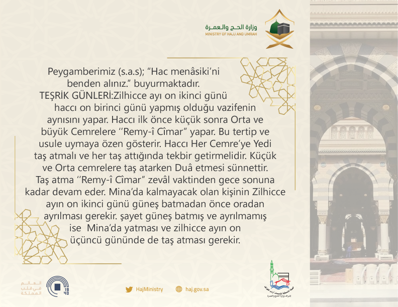 Mohu_INTL's tweet photo. "Peygamberimiz (s.a.s); “Hac menâsiki’ni benden alınız.’’ buyurmaktadır.
TEŞRİK GÜNLERİ:Zilhicce ayı  on ikinci günü  haccı  on birinci günü yapmış olduğu vazifenin aynısını yapar. Haccı ilk önce küçük sonra Orta ve  büyük Cemrelere  ‘’Remy-î Cîmar’’ yapar...
#Hajj2019
#حجك_بلغتك https://t.co/L5iPJsCQji