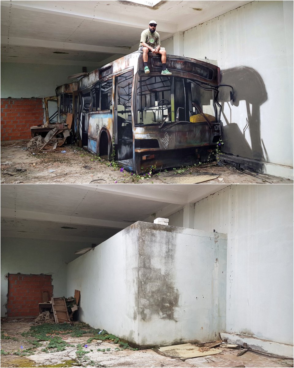 Here is the final result, transforming that old block wall into this wrecked bus. 
.
Thanks to my brother @vile_graffiti and @roteweiller for the great company
..#odeith #anamorphic