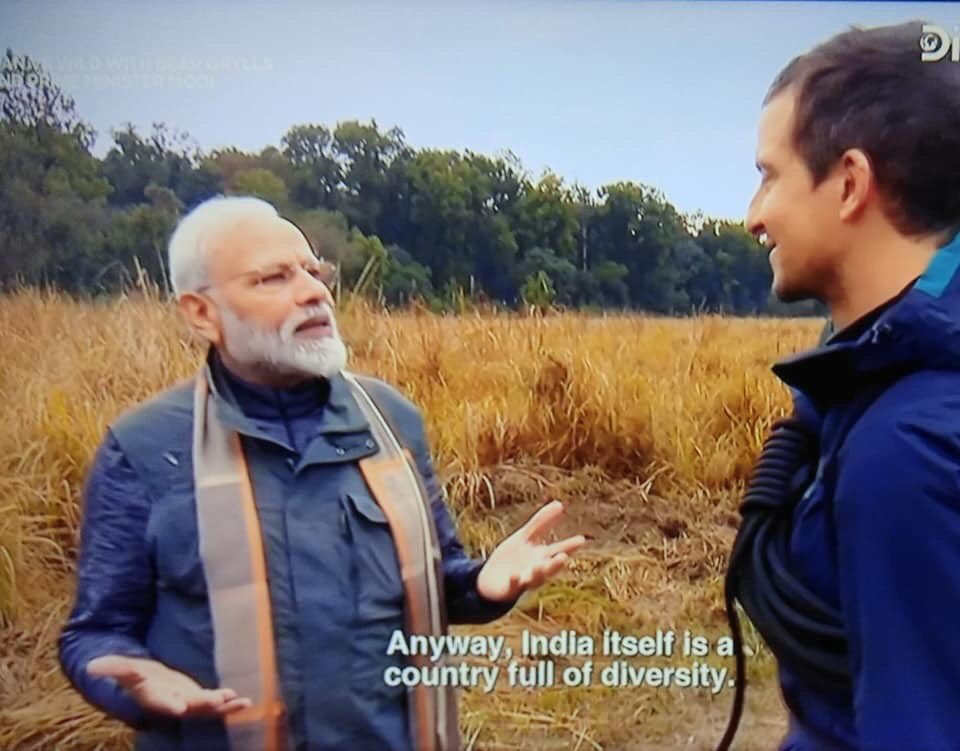 piyushnewar's tweet photo. #ManvsWild #BearGrylls should be really proud of yourself for spending time with the most powerful living thing in India @narendramodi India 😀
@BearGrylls , I can't believe this episode ended without u eating a single worm,snake etc..#मोदी_है_तो_मुमकिन_है
#Modimakesitpossible https://t.co/2HsR8SpKV3
