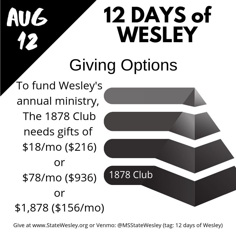 MSStateWesley's tweet image. On the 1st Day of Wesley… Since 1878, our University has been investing in the lives of young women and men. By giving $18/mo or $78/mo or $1,878 to our general ministry fund, you can join Wesley’s 1878 Club &amp;amp; continue the long tradition of making a difference in State students