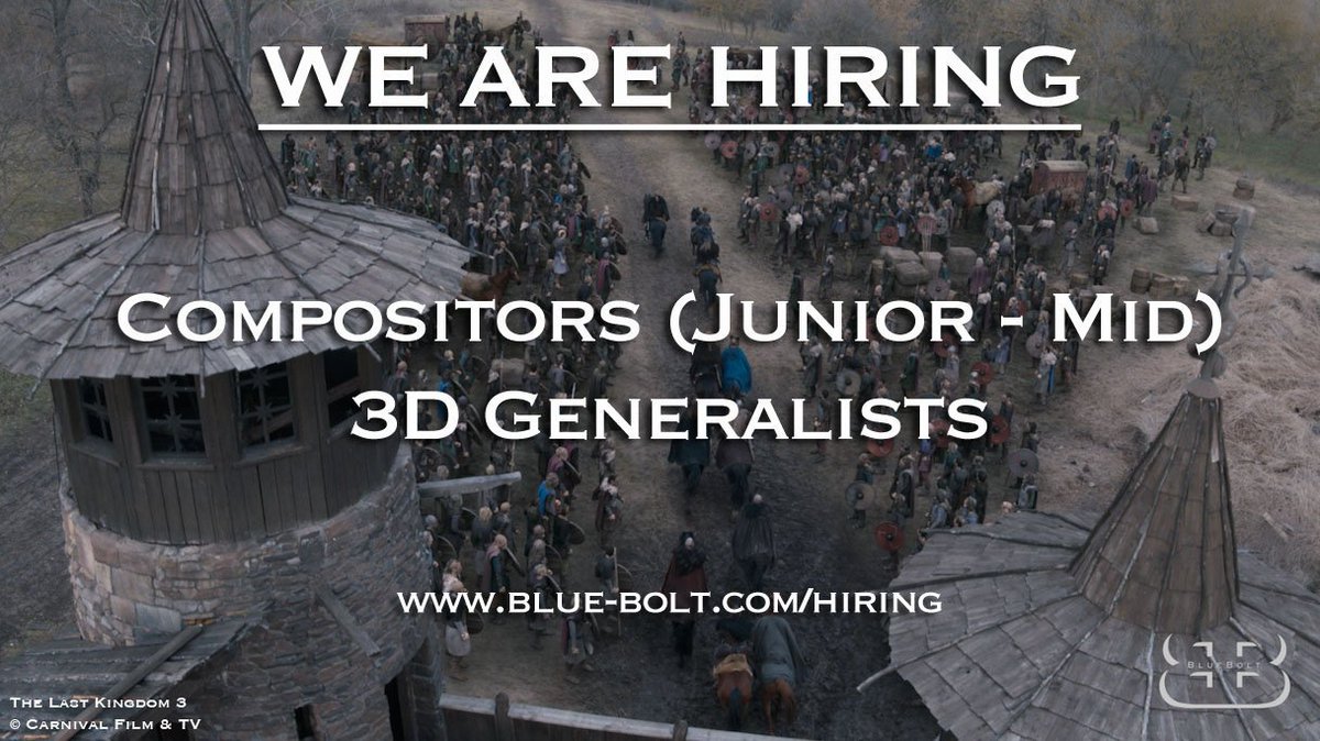 <a href="/BlueBoltVFX/">BlueBolt</a> BlueBolt is hiring! If you are a junior or mid-level compositor or a 3D generalist, please visit blue-bolt.com/hiring to read more about these roles and to apply. #VFX