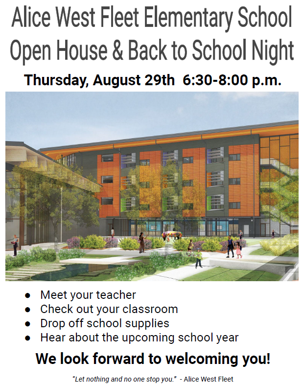 JOIN US for an OPEN HOUSE!! Alice West Fleet Elementary on Thursday, August 29th from 6:30-8 PM! #FleetES #APSBack2School <a href="/APSVirginia/">Arlington Public Schools</a> <a href="/APSVaSchoolBd/">APS School Board</a> <a href="/Principal_Fleet/">Raymond Laporte</a> <a href="/fleet_ap/">Allie Weissberg</a> @Fleet_ITC <a href="/APSFleetPTA/">APSFleetPTA</a>