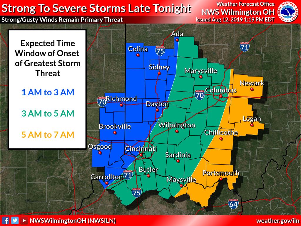 [1:23 PM] SPC has upgraded &amp; expanded the severe risk for our area late tonight. Below is our expected timing for the onset of greatest storm potential. Gusty/damaging winds remain the primary threat. How will you receive warnings if they are issued in the middle of the night?