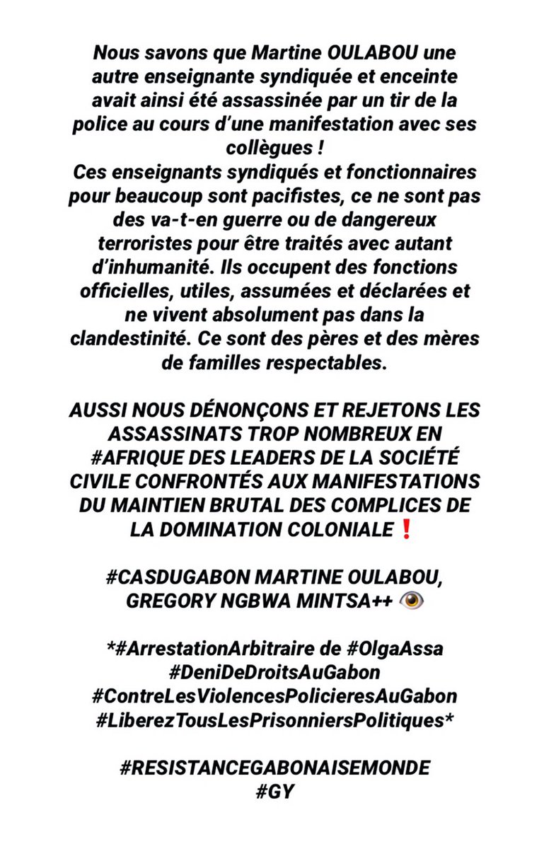 A la veille de la #CommémorationDesMartyrs du #Gabon,suite à 1 #ArrestationArbitraire le 9 Aout #OlgaAssa, membre de #DynamiqueUnitaire
se rendra à la DGR ce 13Aout2019
#Françafrique @lacgtcommunique
#Commémoration
#CommémorationGabon
#CarnageGabon2016
#UE_ResolutionGabon0917§9