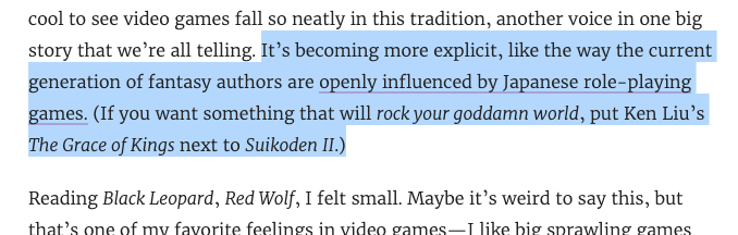 I'm currently working on a listicle for  @BNSciFi about "Books for JRPG fans," so I was particularly keen to see  @jmrivera02 line up  @MarlonJames5's BLACK LEOPARD, RED WOLF with SUIKODEN II. There's so much crossover between games and books.