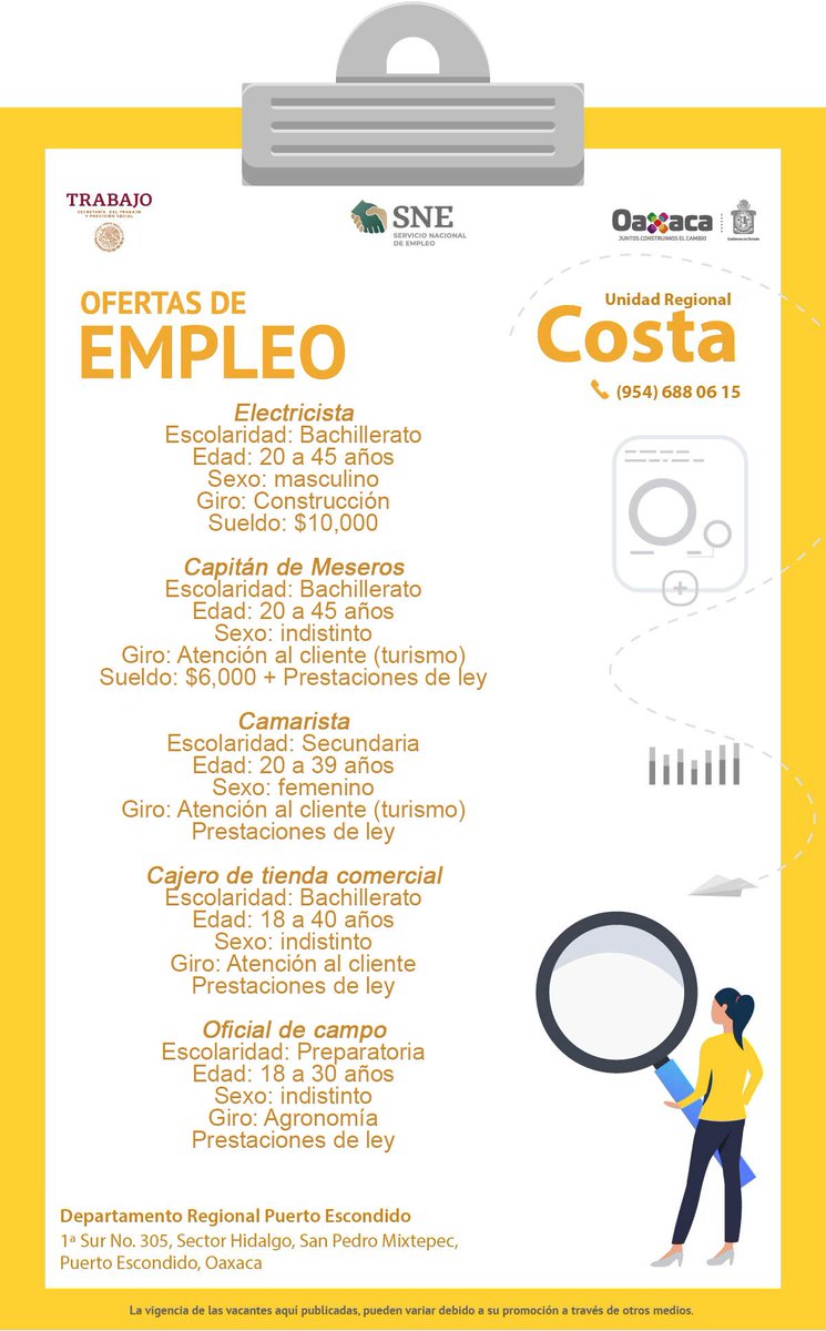 SNEOaxaca's tweet photo. ¿Estás buscando empleo en la #RegiónCosta? Checa las vacantes de nuestra #BolsadeTrabajo.
Acércate a la Oficina Regional de la #CSNEO para ser atendido por un #ConsejerodeEmpleo.
#Empléate https://t.co/PA6gXzleBZ