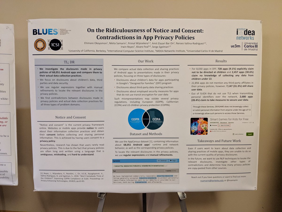 An information-dense poster titled "On the ridiculousness of notice and consent: contradictions in app privacy policies".