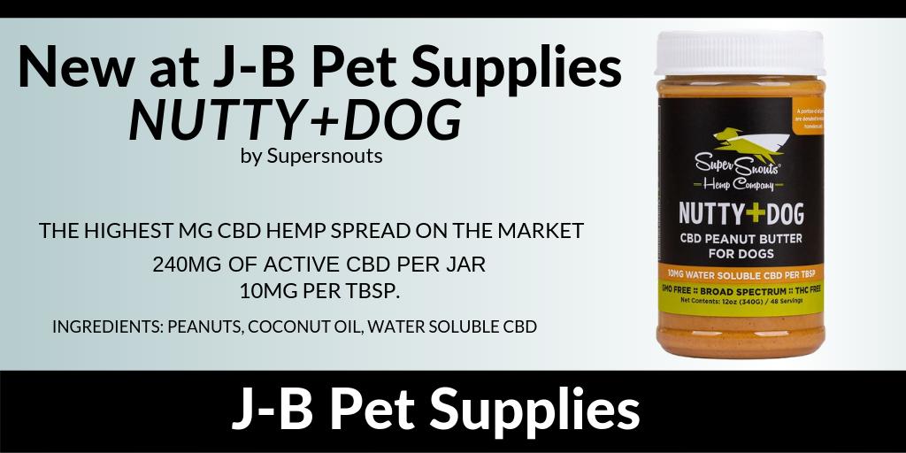 New at J-B Pet! CBD infused peanut butter. Perfect for dogs with any sort of anxieties as well as an anti-inflammatory/pain reducer for older dogs or dogs recovering from an injury. Pharmaceutical grade, Veterinary formulated and approved. Grown, made, and packaged in the USA!