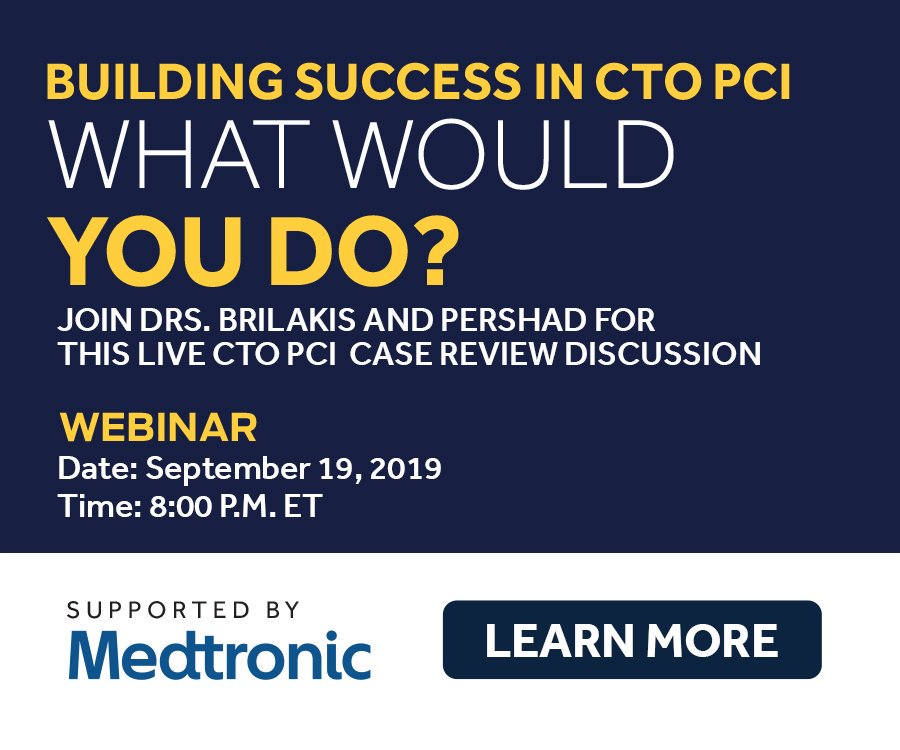 CTOs w/Brilakis and Pershad—Don’t miss your chance to hear from chronic total occlusion experts Drs. Brilakis and Pershad on Thursday, Sept 19, at 8pm ET, as they share how to build success in CTO #PCI cases! Register: cathlabdigest.com/CTO #cardiotwitter #cathlab #cardiology