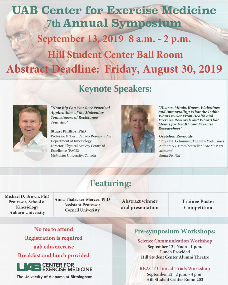 UAB Center for Exercise Medicine (UCEM) (@uabexercisemed) on Twitter photo <a href="/UABExerciseMed/">UAB Center for Exercise Medicine (UCEM)</a> 7th Annual Symposium featuring <a href="/mackinprof/">Stuart Phillips (he/him)</a> and <a href="/GretchenReynold/">Gretchen Reynolds</a> as keynote speakers, Trainee poster competition, oral abstract presentation, Science communication Workshop, @REACTCenter Clinical Trials Workshop and many more!
Register now! uab.edu/medicine/exerc… <a href="/UABExerciseMed/">UAB Center for Exercise Medicine (UCEM)</a> 7th Annual Symposium featuring <a href="/mackinprof/">Stuart Phillips (he/him)</a> and <a href="/GretchenReynold/">Gretchen Reynolds</a> as keynote speakers, Trainee poster competition, oral abstract presentation, Science communication Workshop, @REACTCenter Clinical Trials Workshop and many more!
Register now! uab.edu/medicine/exerc…