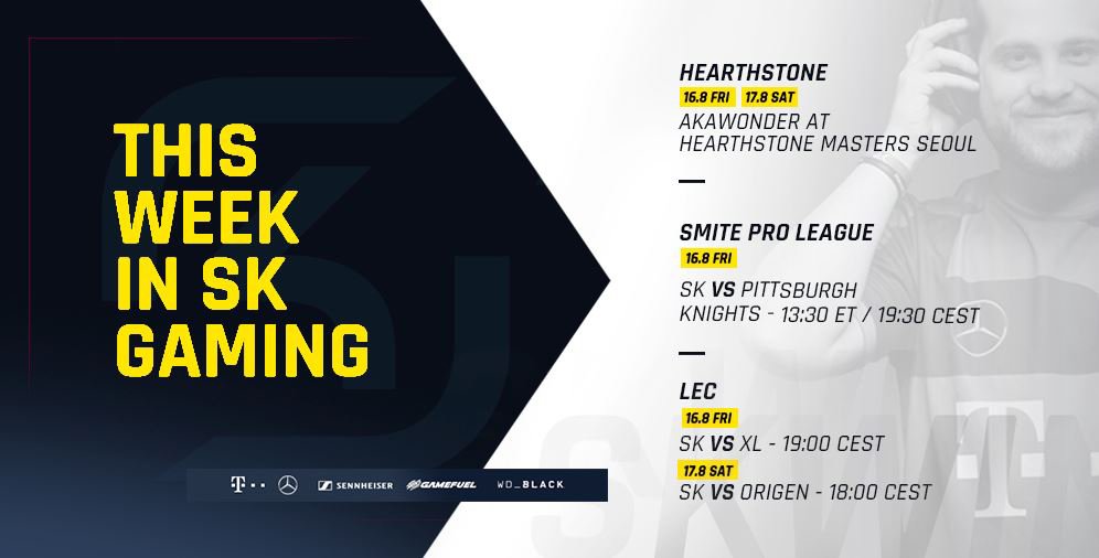 SKGaming's tweet photo. This week's program:
Heavy action on the weekend starting @AKA_Wonder on @PlayHearthstone Masters in Seoul, at the same time both #SKLEC and #SKMITE teams fight for their standings in extremely decisive games.
Bring all of your support, unleash the memes!
#SKWIN #LEC https://t.co/WCs4momEv7