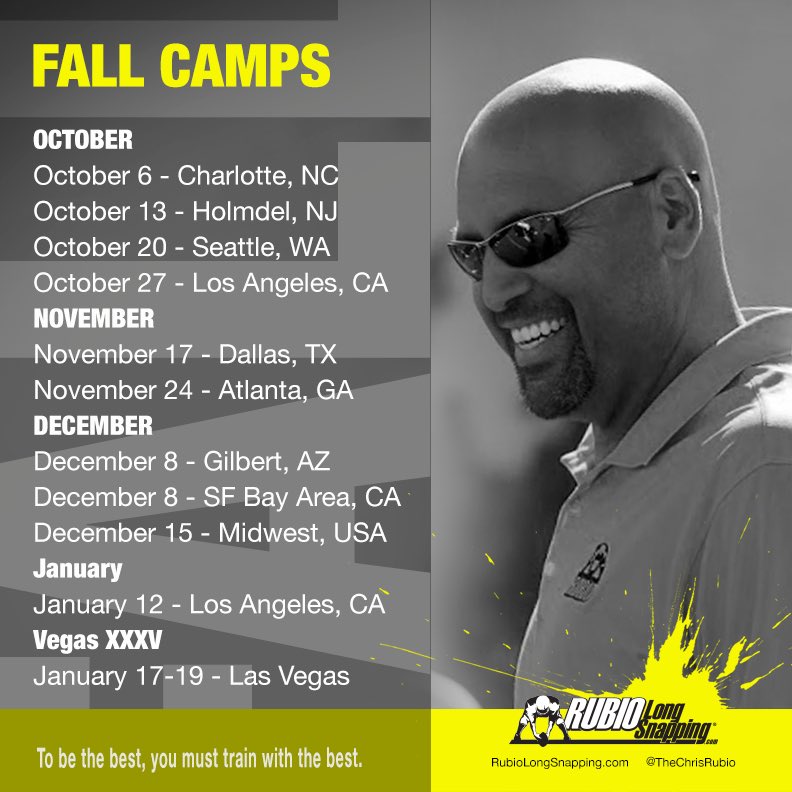 The Rubio Long Snapping Fall Camp schedule is up and already filling quickly! 

For more info and/or to register, go here —&gt; bit.ly/2CjncnK

#RubioFamily #TheFactory