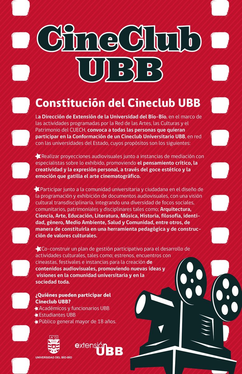 chillanactivo's tweet photo. CINE CLUB UBB
La Universidad del Bío-Bio invita a constituir el "Cine Club UBB" para lo cual se han programado reuniones en Concepción (13-Agosto) y #Chillán (Hoy lunes 12-Ago, 19:00 hrs. Salón Andrés Bello de @extensionubb). Reunión abierta a toda la comunidad. https://t.co/JxjVbZN892