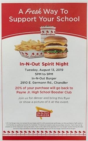 Tomorrow, Aug 13th! Give yourself the night off from making dinner and treat the family to In-n-Out from 5-9 pm at Gilbert/Germann location. Just be sure to show the flyer attached to support Booster Club! 🍔🍟🥤