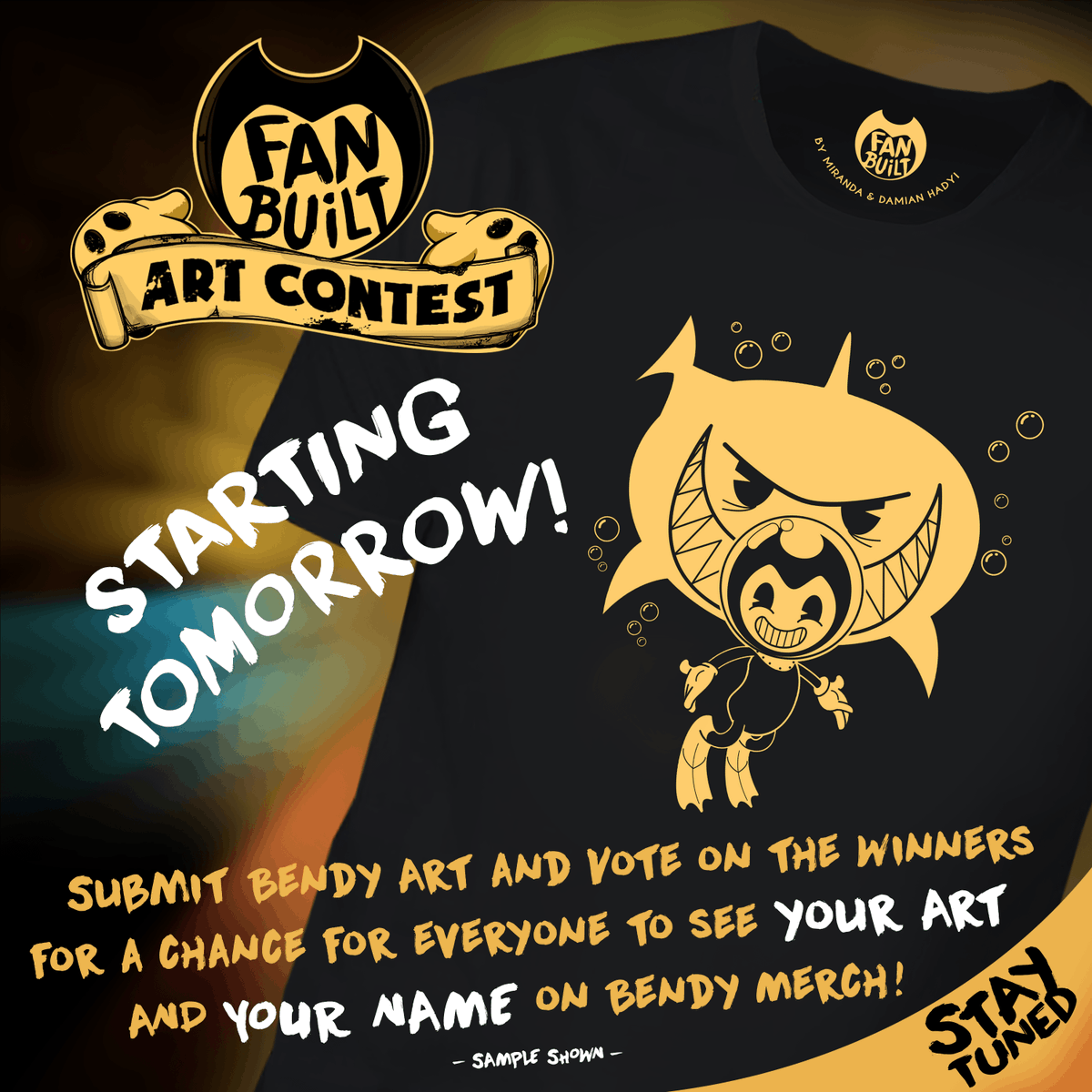 Bendy's tweet photo. Exclusive, limited edition Bendy merch made by YOU the fans, starting tomorrow! Details to be
revealed...
#Bendy #FanBuilt #FanArt #ArtContest #TshirtDesign https://t.co/bRiNUQ789m