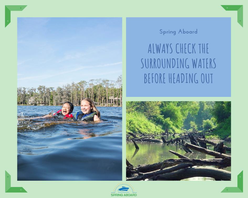 SpringAboard's tweet image. Make sure no passengers or equipment can impede your line of sight. Scan the bow, starboard, and port sides for boaters, swimmers, flags, and floating debris. #SpringAboard