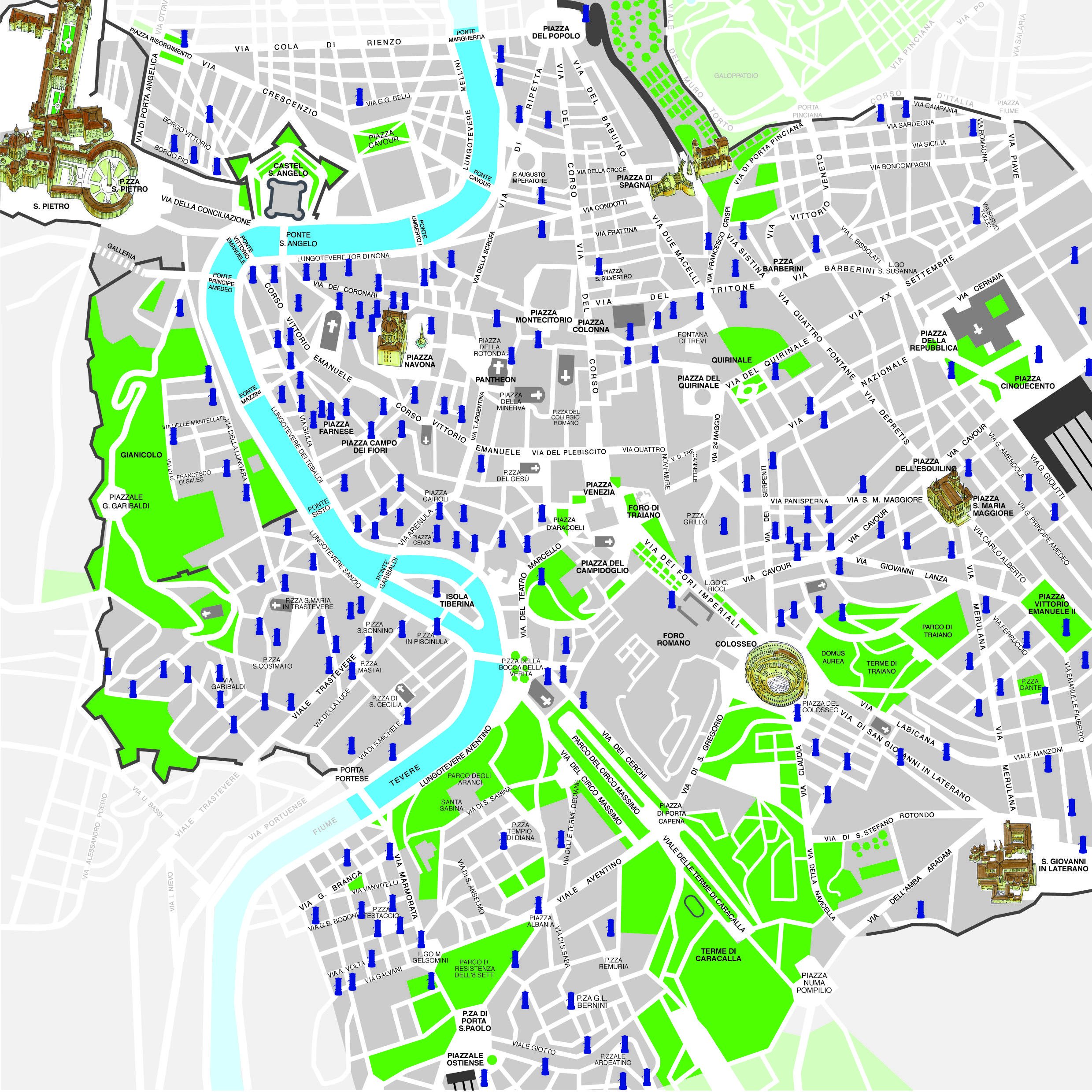 Map of all Nasoni Water Fountains Across Rome City Center