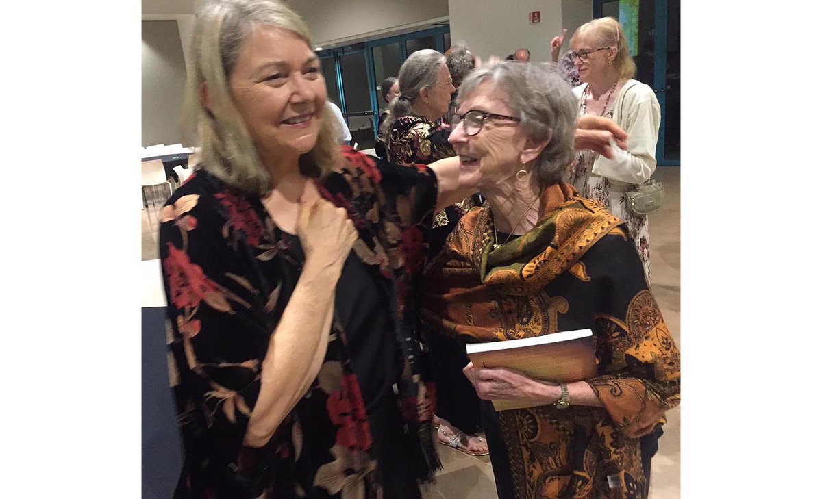 dianaglyer's tweet photo. One of my favorite photos from #Mythcon50. Rejoicing with Verlyn Flieger as she celebrates her FOURTH Mythopoeic Society Scholarship Award! Photo by @4RogerWhite https://t.co/aMuAZNK1Lh
