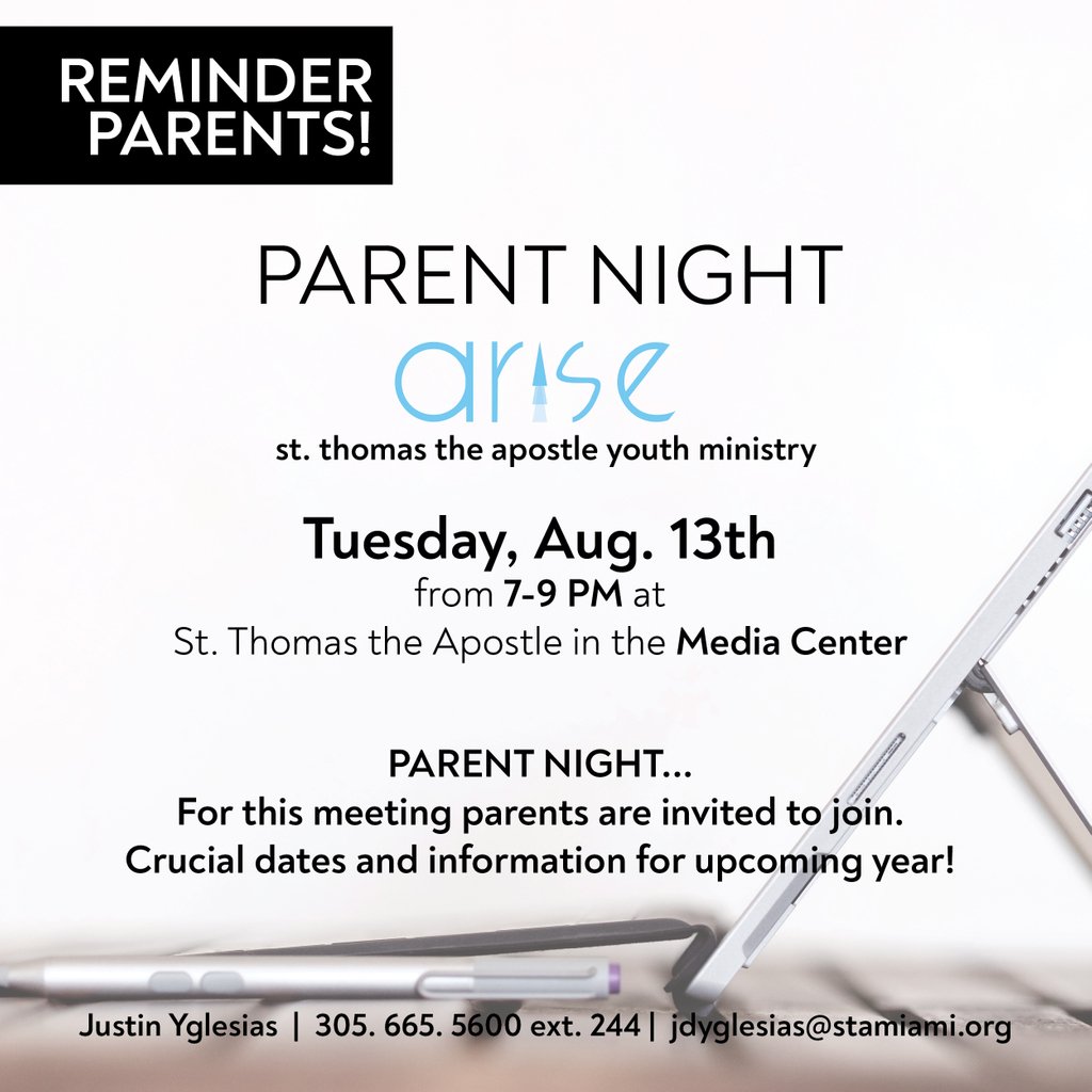 ARISE_STA's tweet photo. REMINDER! Parents, join us tomorrow at ARISE Kickoff!
#youthgroupisback #bringyourparents #bringafriend #fellowship #faith #food #worship #games https://t.co/B1qsOKxSIp