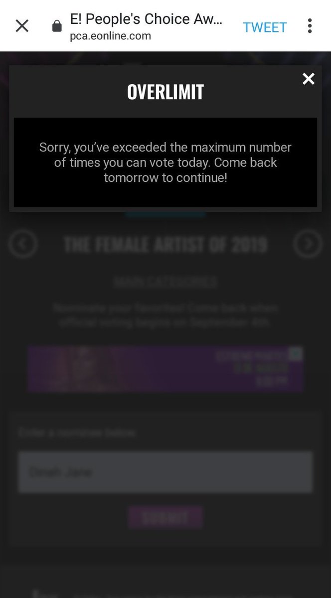 No olviden mencionar a Dinah para que obtengamos una nominación

Pueden hacerlo 25 veces por cada correo y usar diferentes

pca.eonline.com/music/the-fema…