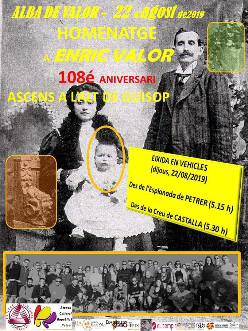ElTempirdElx's tweet photo. Ascens a l'alt del Guisop amb motiu del 108é aniversari del naixement d'#EnricValor el 22.08. Gaudeix d'aquesta activitat de germanor i d'una eixida de sol màgica en un lloc emblemàtic recordant el gran escriptor de #Castalla. Info 👉 https://t.co/5kBf4vjE4m #AlSudEnValencià https://t.co/F3Kf1RaZyz